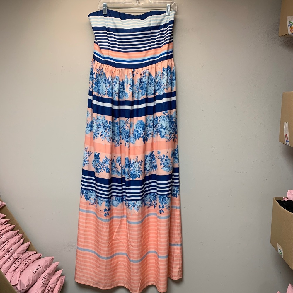 Dalia MacPhee Strapless Maxi Dress Women L Peach New Floral Striped D2030